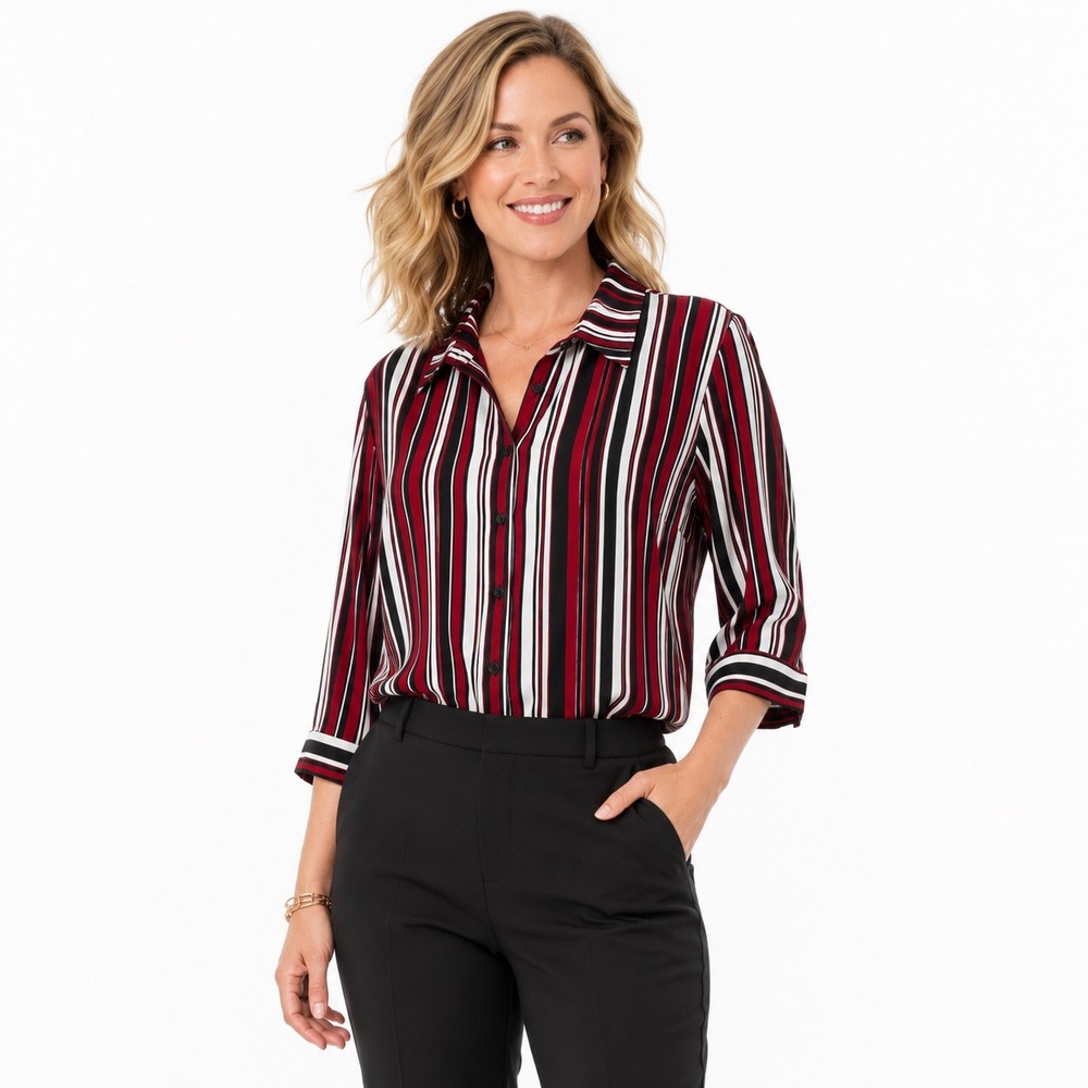 Catherines 3X Striped Blouse Women Plus Size Red Black Career Button Shirt